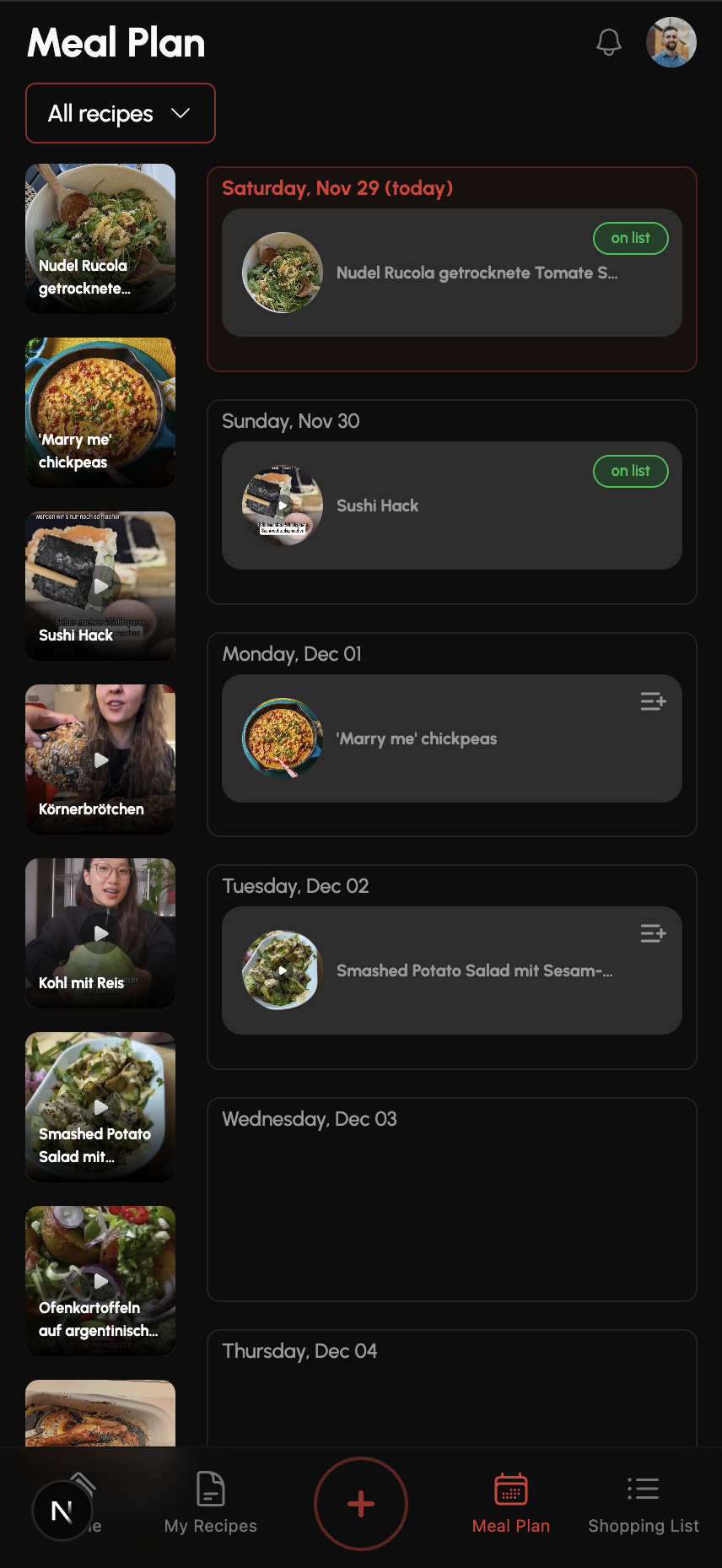 feed. mobile screen with meal planner